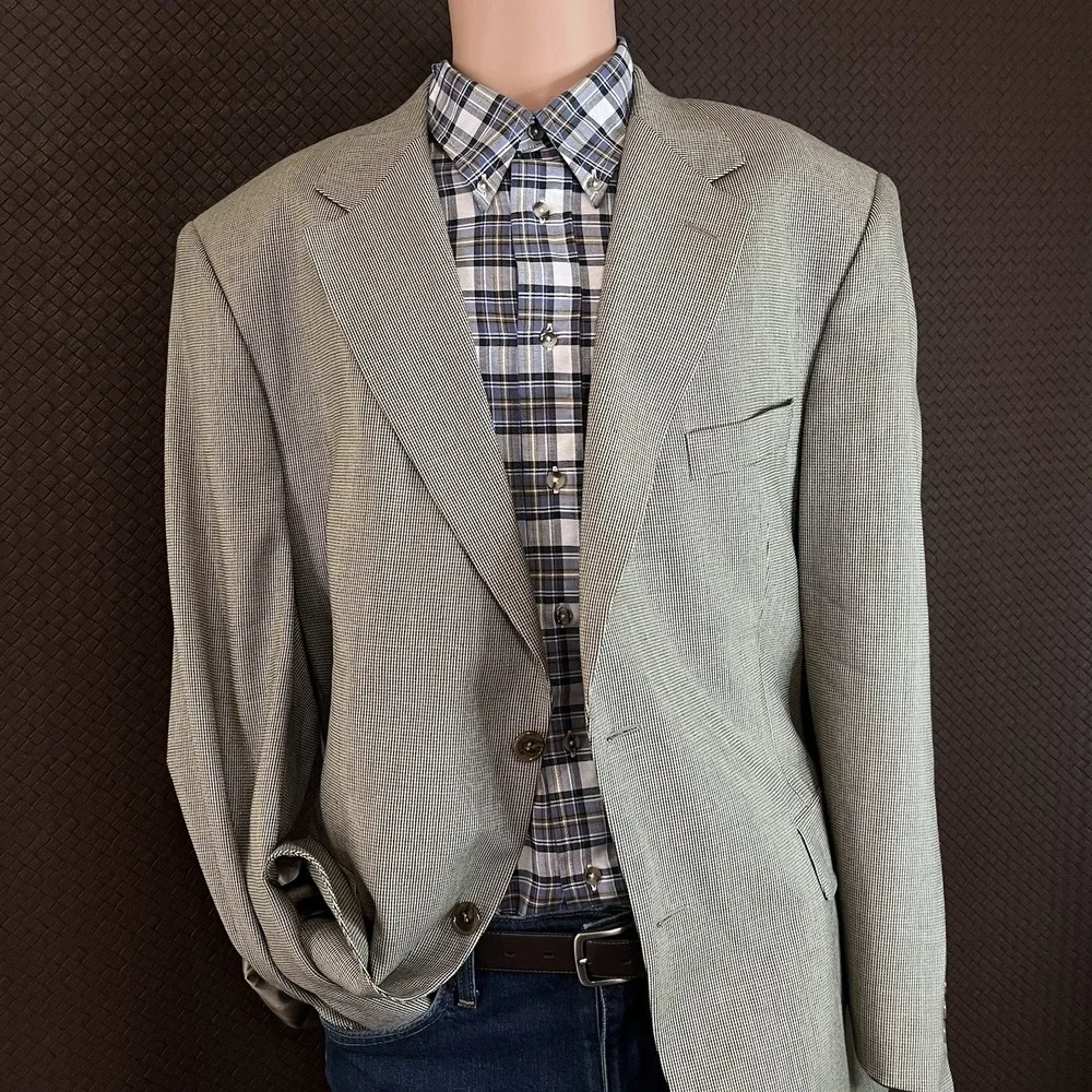 Vintage Oak Creek Sport Coat Mens 44R Beige Wool Houndstooth‎ Blazer USA MADE
